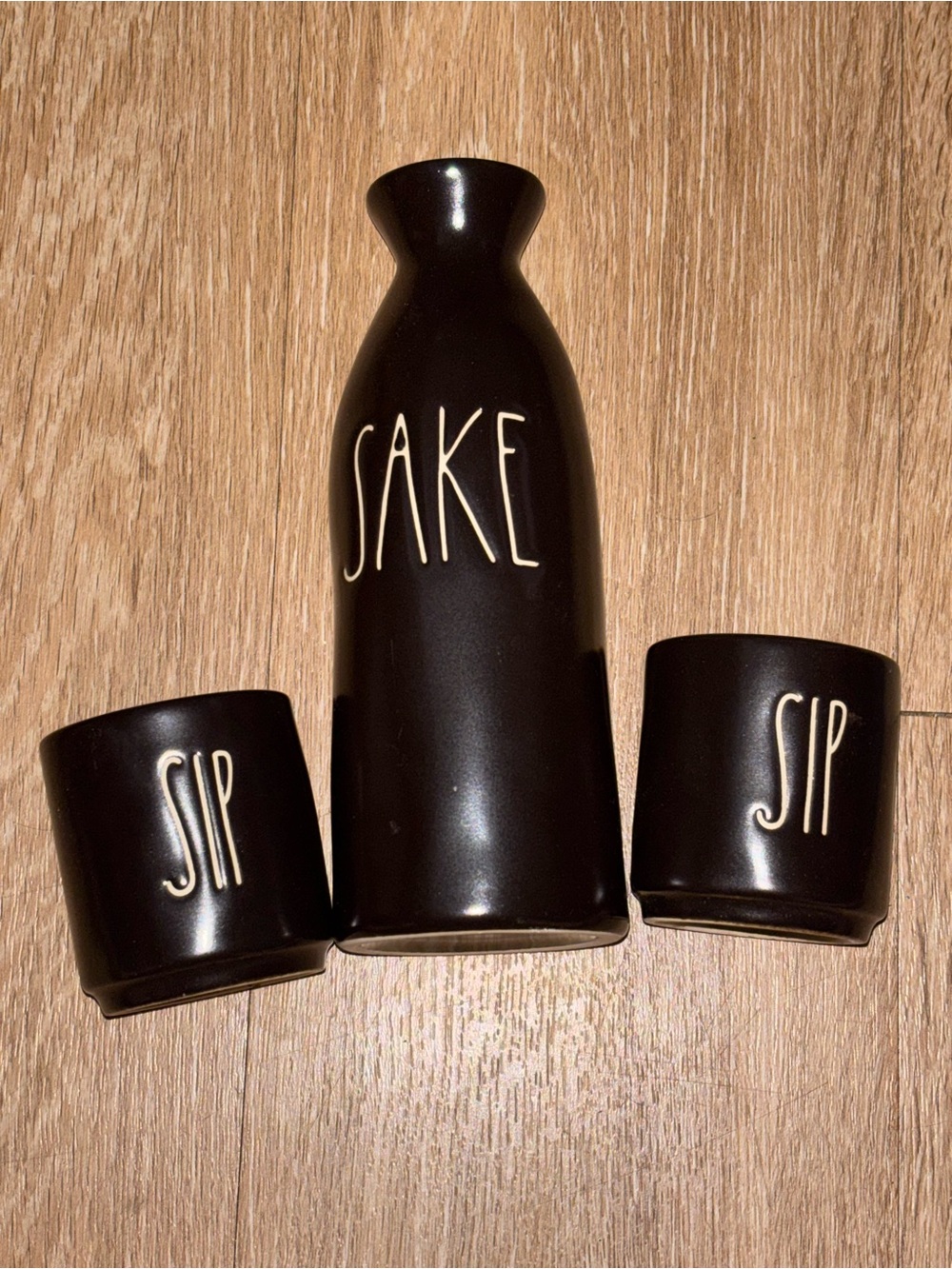 Rae Dunn Black Sake Set SAKE Bottle SIP Cups 3 Piece Ceramic Barware b59